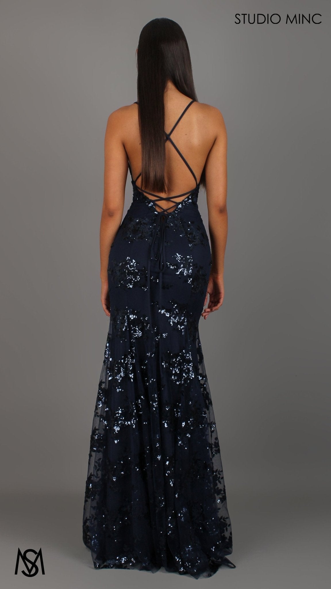 Poetry - Navy Blue formal dress | Sequin Floral V neckline fitted backless mermaid lace up