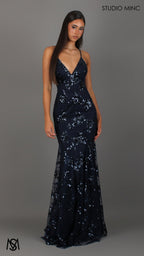 Poetry - Navy Blue formal dress | Sequin Floral V neckline fitted backless mermaid lace up