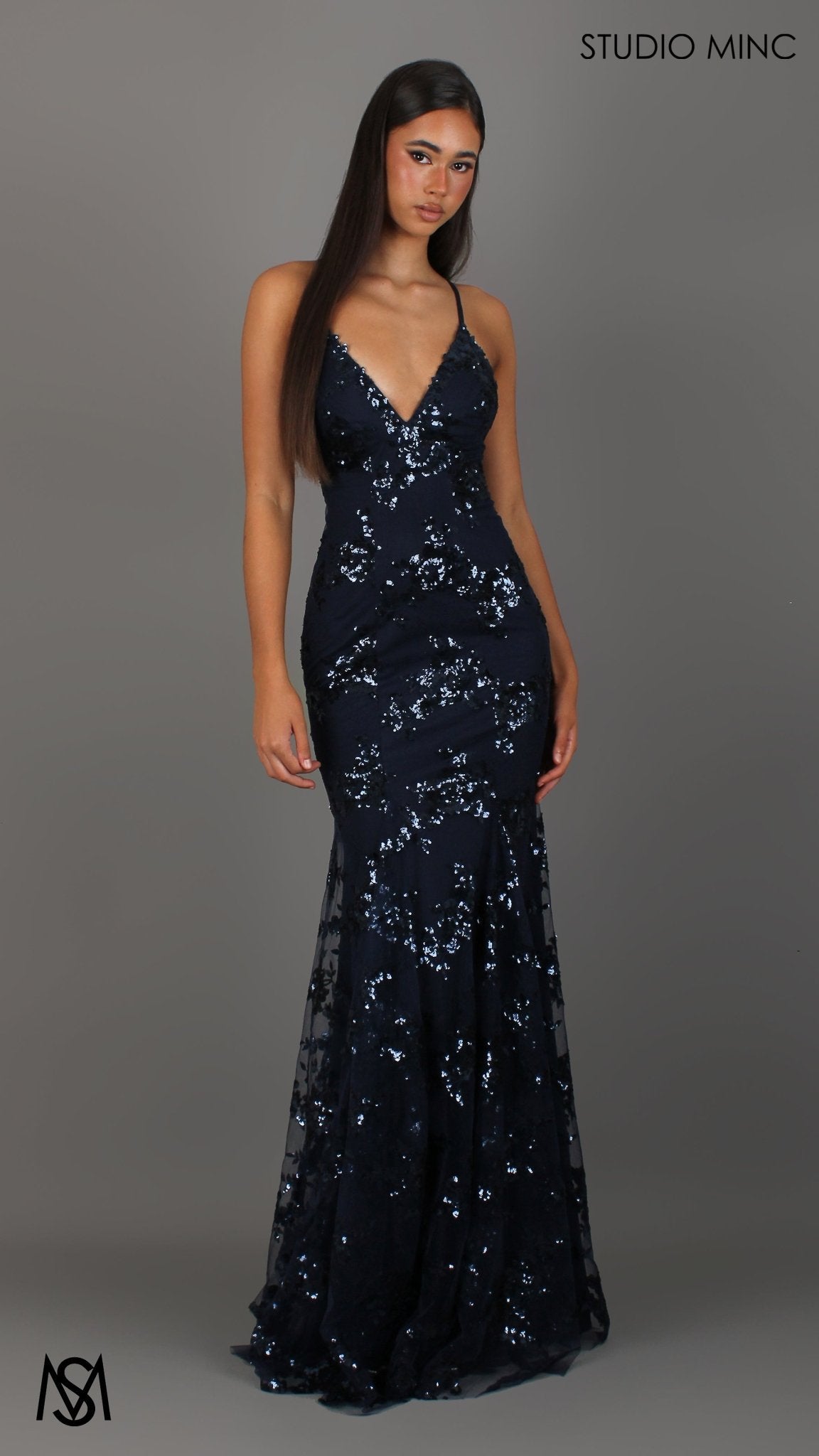 Poetry - Navy Blue formal dress | Sequin Floral V neckline fitted backless mermaid lace up