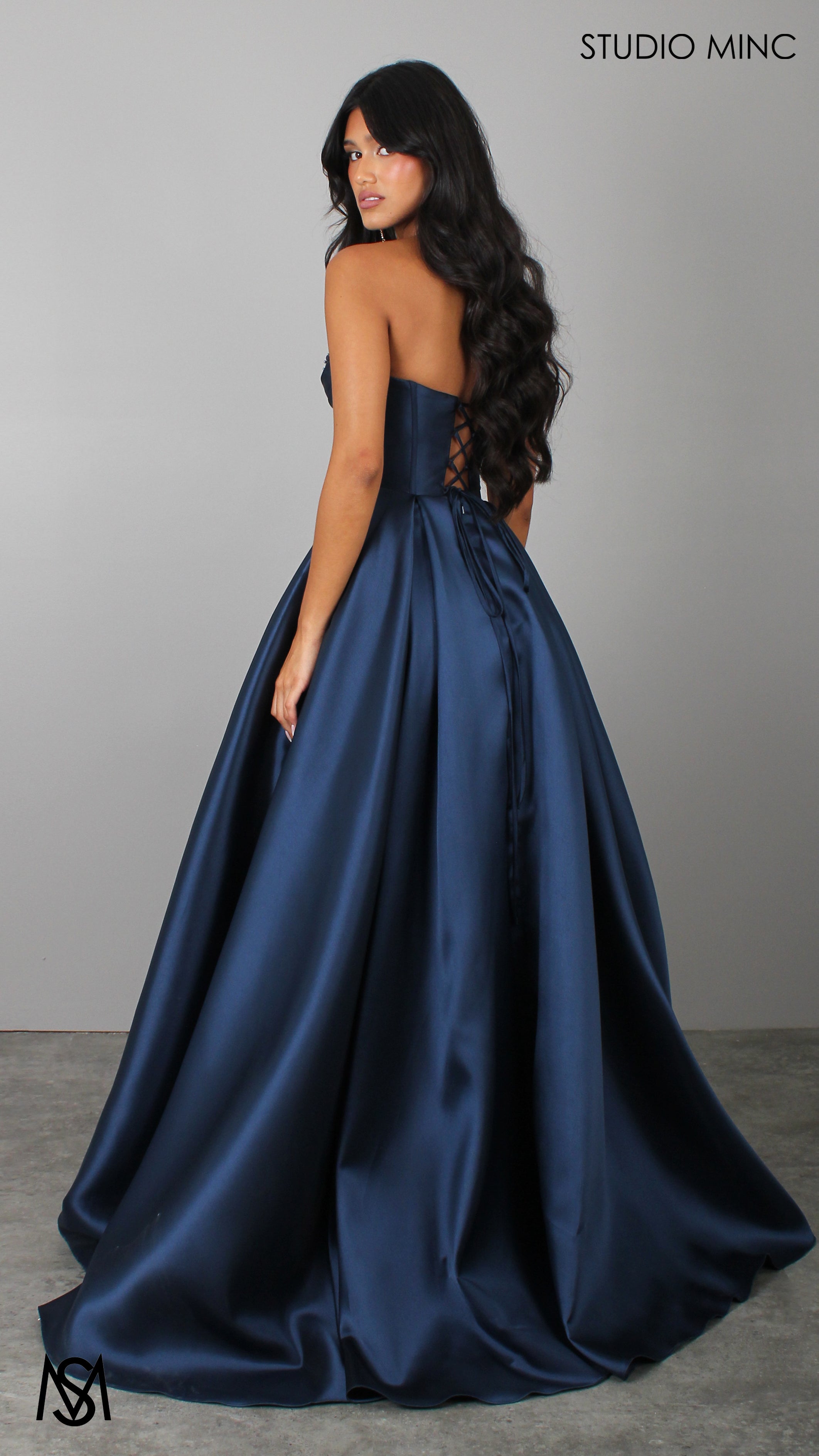 Royal - Navy Blue Formal Dress, Strapless Corset Beaded bodice, Satin Mikado Ball Gown