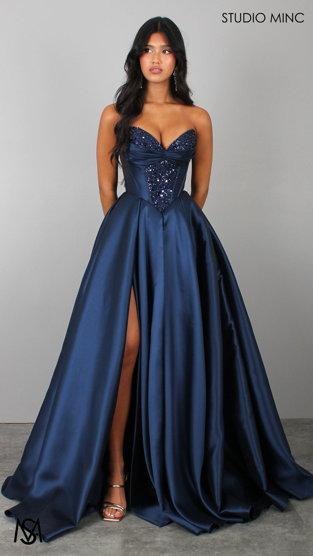 Royal - Navy Blue Formal Dress, Strapless Corset Beaded bodice, Satin Mikado Ball Gown