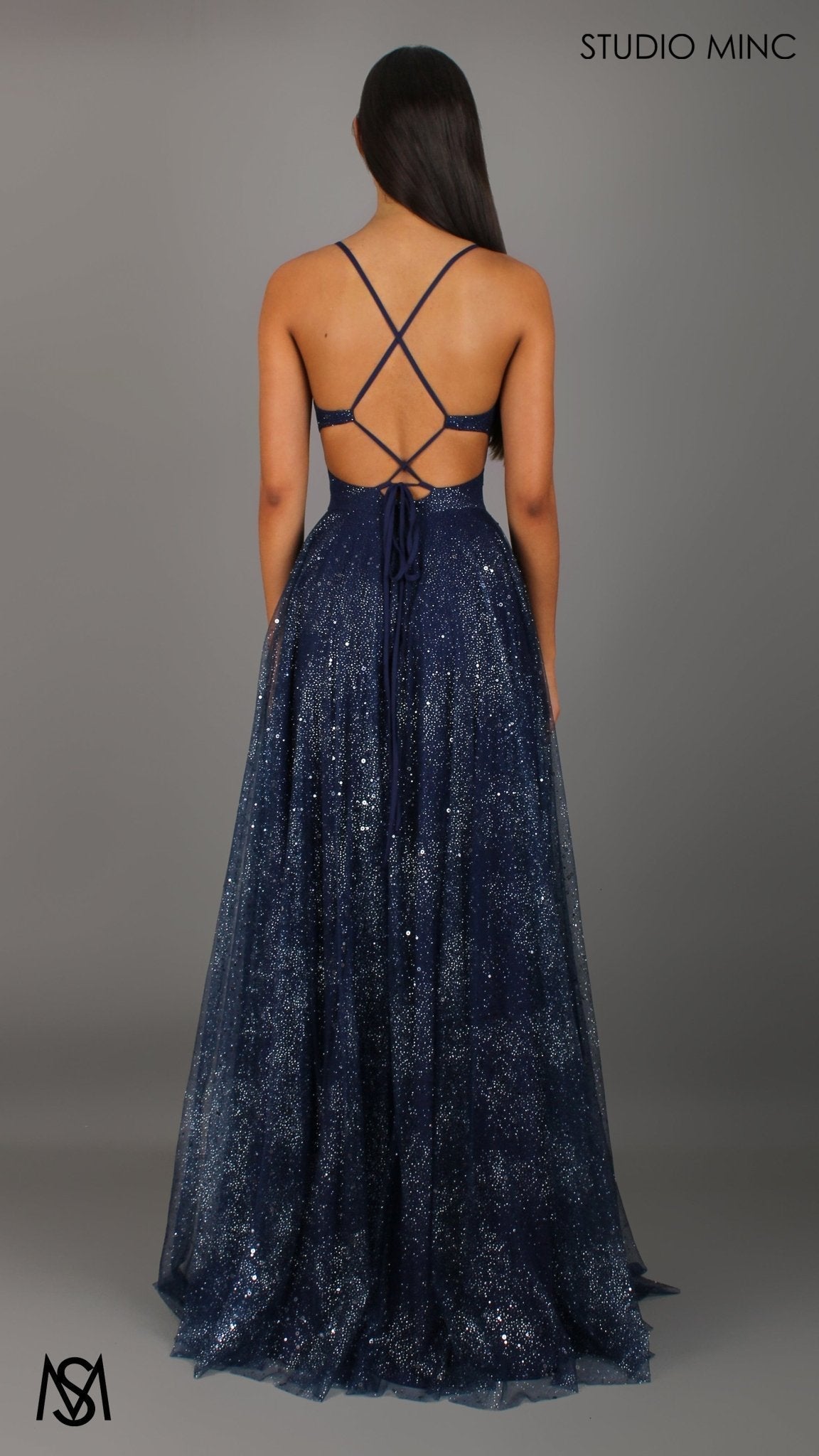 Stardust - Navy Blue formal dress | Glitter V neckline, backless, A-line Sparkle Gown