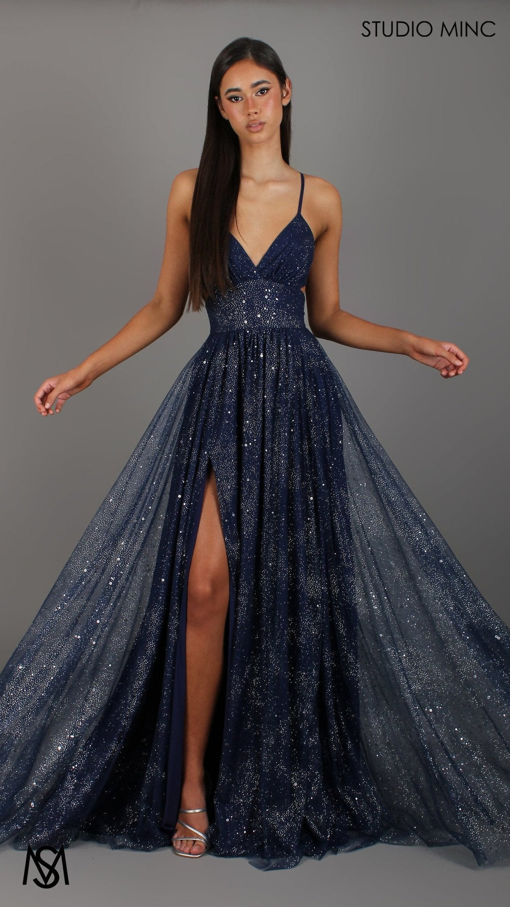 Stardust - Navy Blue formal dress | Glitter V neckline, backless, A-line Sparkle Gown