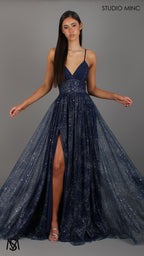 Stardust - Navy Blue formal dress | Glitter V neckline, backless, A-line Sparkle Gown