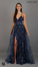 Stardust - Navy Blue formal dress | Glitter V neckline, backless, A-line Sparkle Gown