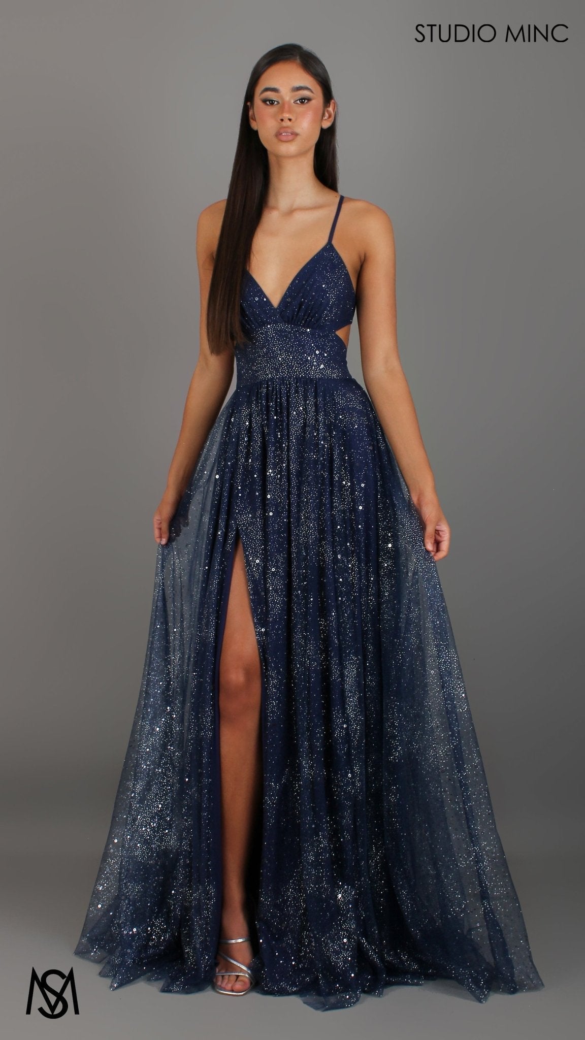 Stardust - Navy Blue formal dress | Glitter V neckline, backless, A-line Sparkle Gown
