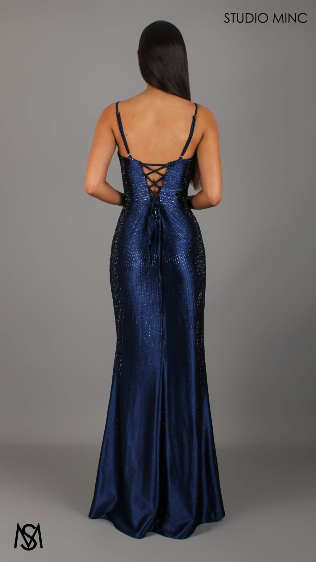Stellar - Navy Blue Formal Dress, Rhinestone V Plunge Neckline Fitted Mermaid Leg Slit
