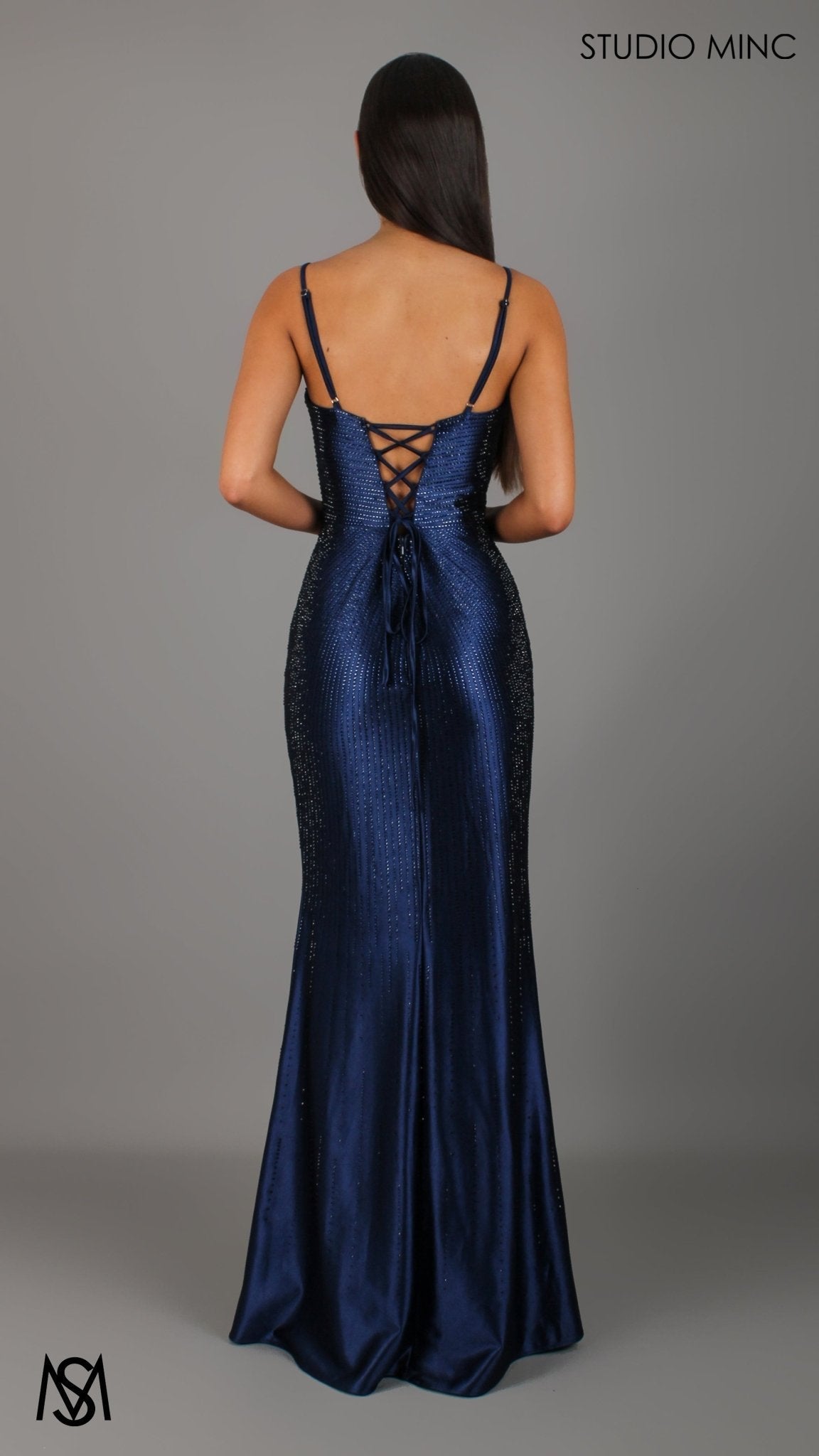 Stellar - Navy Blue Formal Dress, Rhinestone V Plunge Neckline Fitted Mermaid Leg Slit