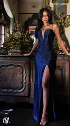 Stellar - Navy Blue Formal Dress, Rhinestone V Plunge Neckline Fitted Mermaid Leg Slit