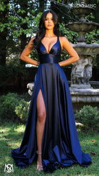 Timeless - Navy Blue formal dress | V neckline, backless A-line Satin Gown with Pockets