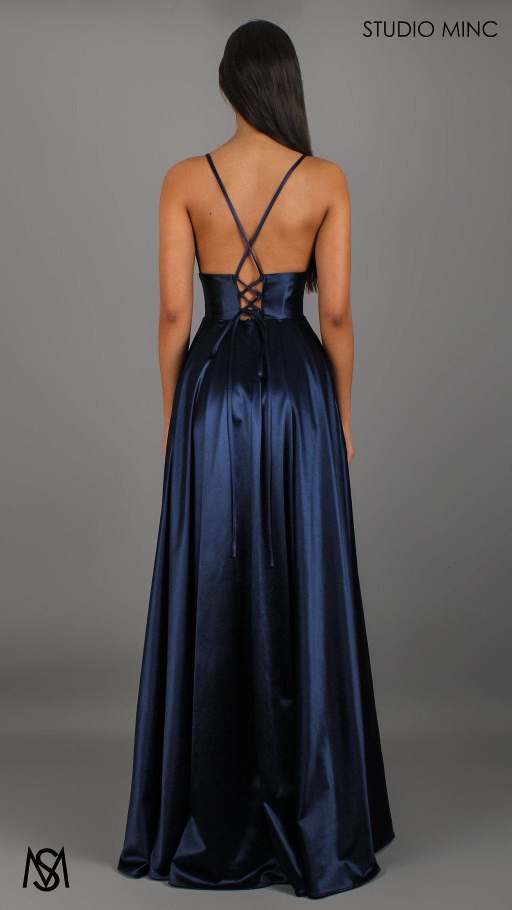 Timeless - Navy Blue formal dress | V neckline, backless A-line Satin Gown with Pockets
