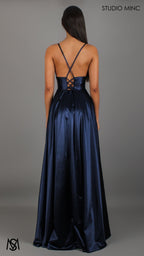 Timeless - Navy Blue formal dress | V neckline, backless A-line Satin Gown with Pockets