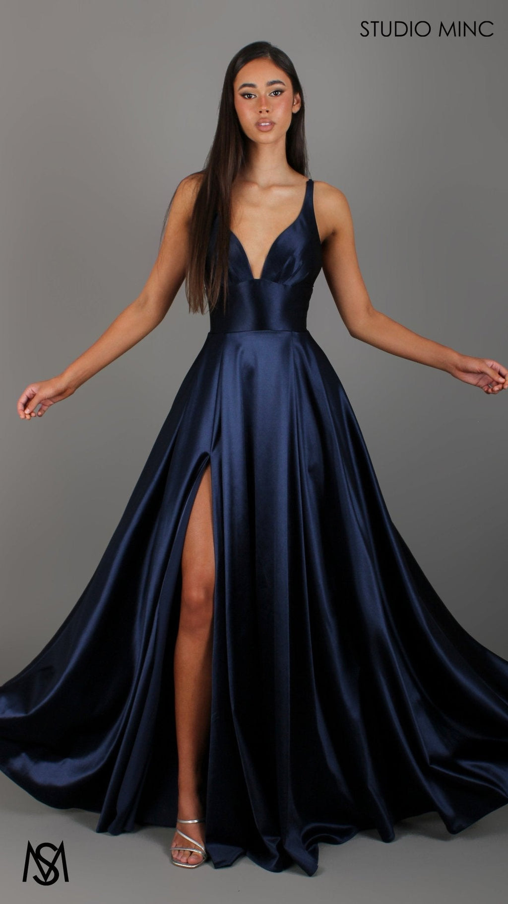 Timeless - Navy Blue formal dress | V neckline, backless A-line Satin Gown with Pockets