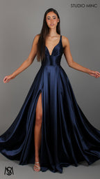 Timeless - Navy Blue formal dress | V neckline, backless A-line Satin Gown with Pockets