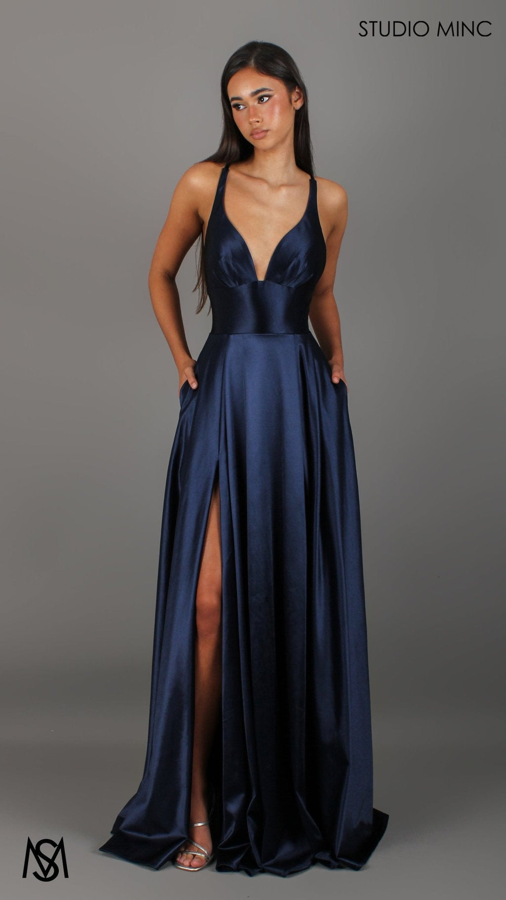 Timeless - Navy Blue formal dress | V neckline, backless A-line Satin Gown with Pockets