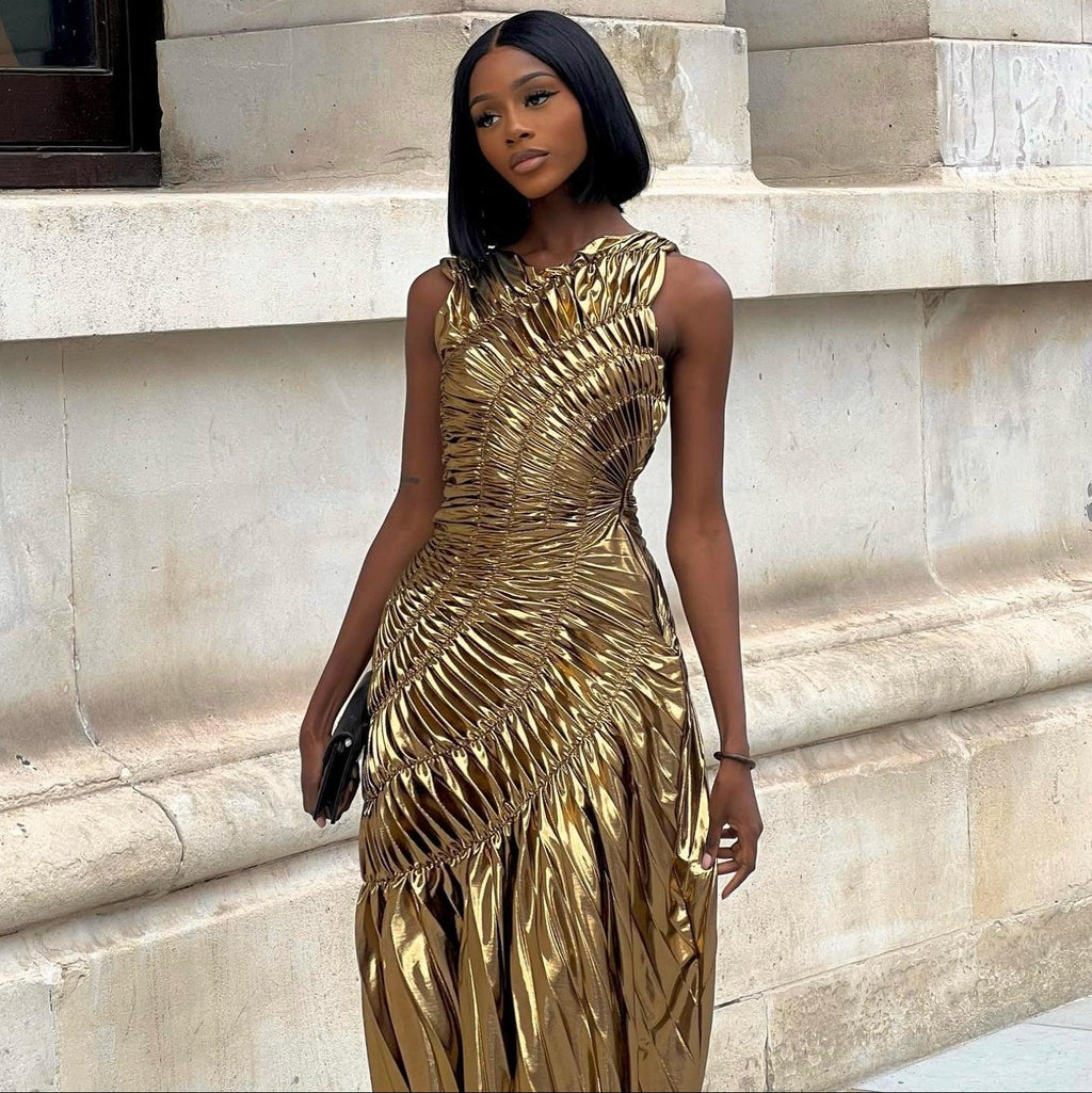 New Era Gold Metallic Pleated Maxi Dress