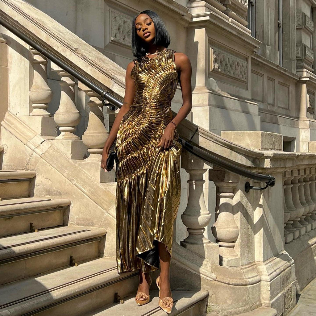 New Era Gold Metallic Pleated Maxi Dress