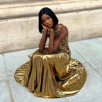 New Era Gold Metallic Pleated Maxi Dress