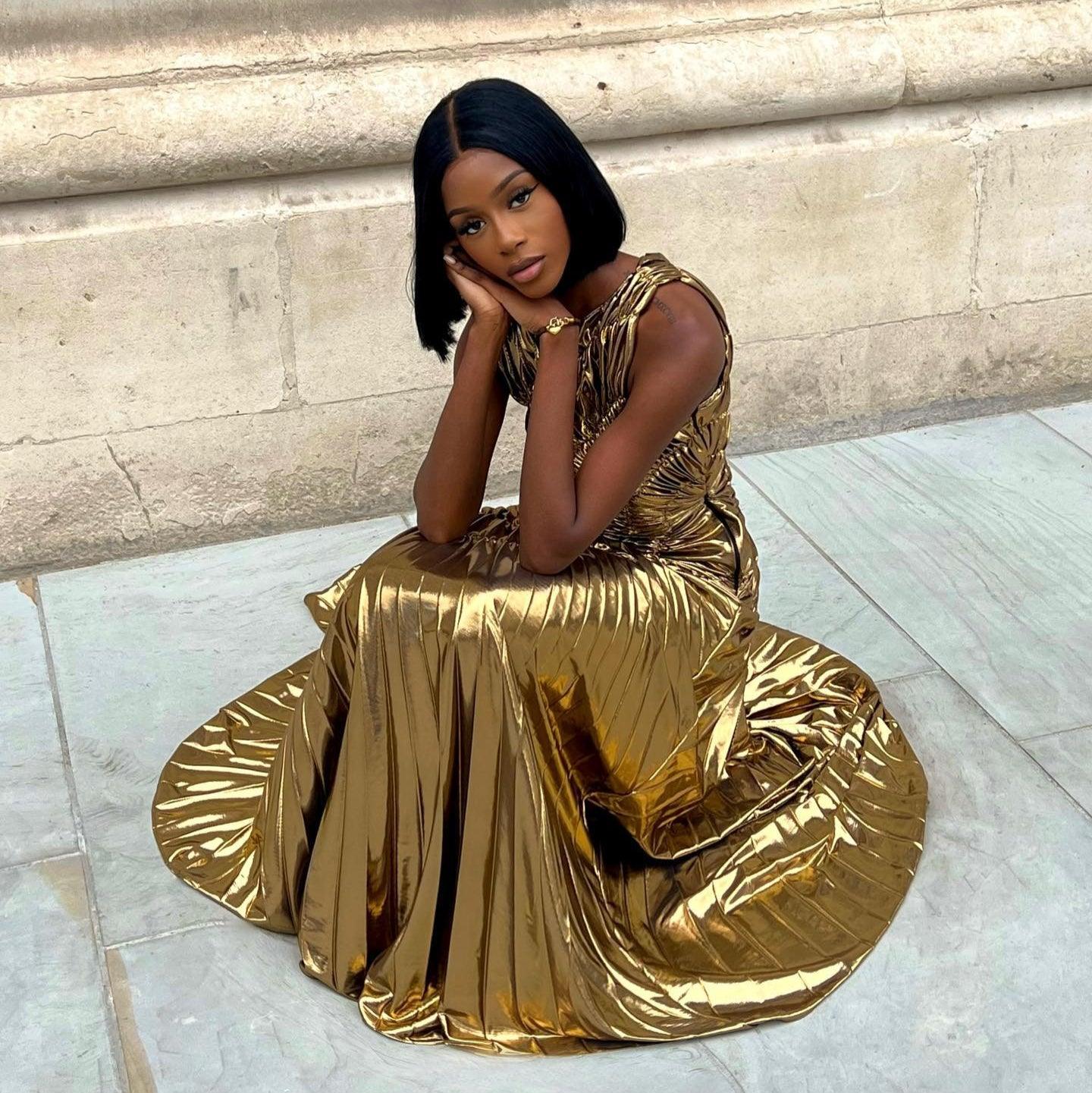 New Era Gold Metallic Pleated Maxi Dress