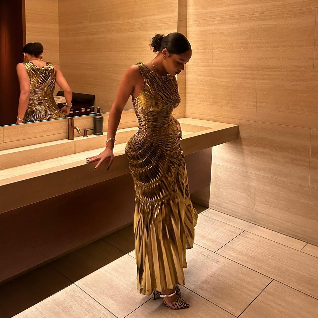 New Era Gold Metallic Pleated Maxi Dress