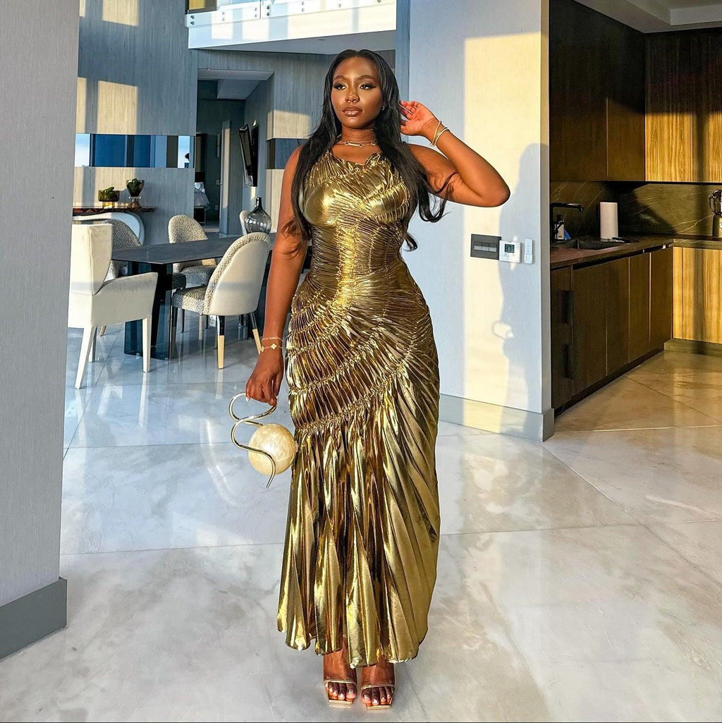 New Era Gold Metallic Pleated Maxi Dress