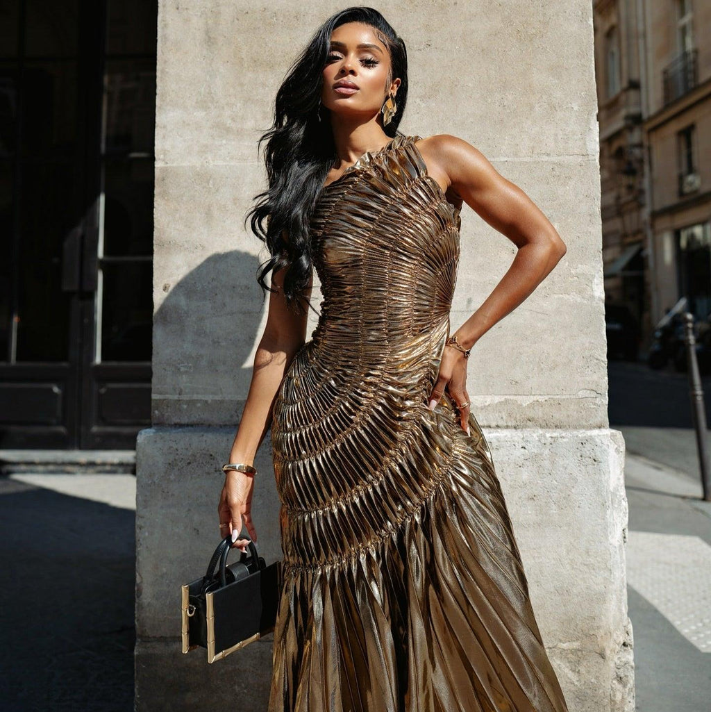 New Era Gold Metallic Pleated Maxi Dress