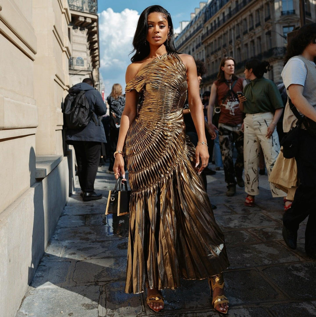 New Era Gold Metallic Pleated Maxi Dress