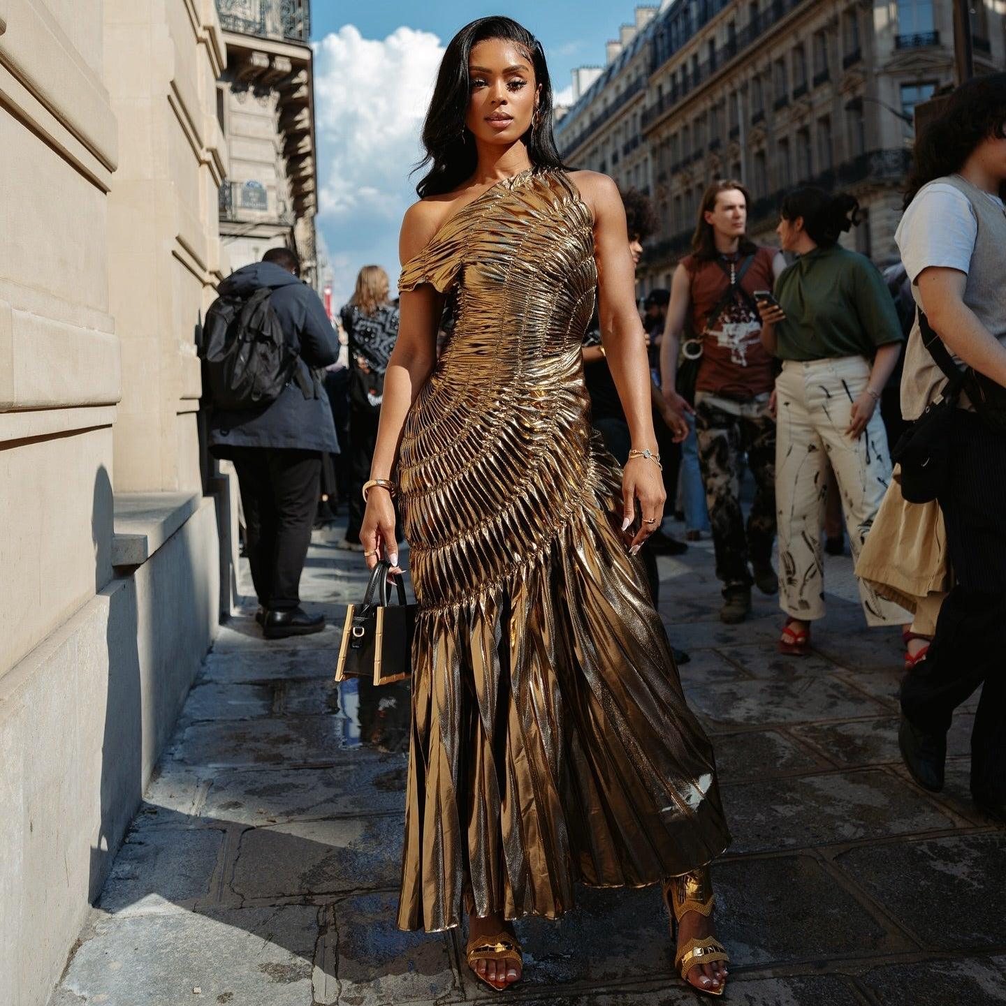 New Era Gold Metallic Pleated Maxi Dress