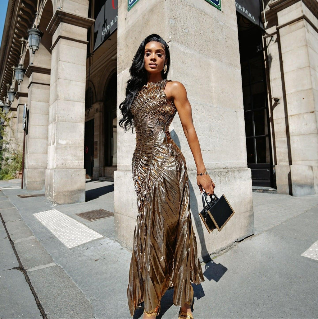 New Era Gold Metallic Pleated Maxi Dress
