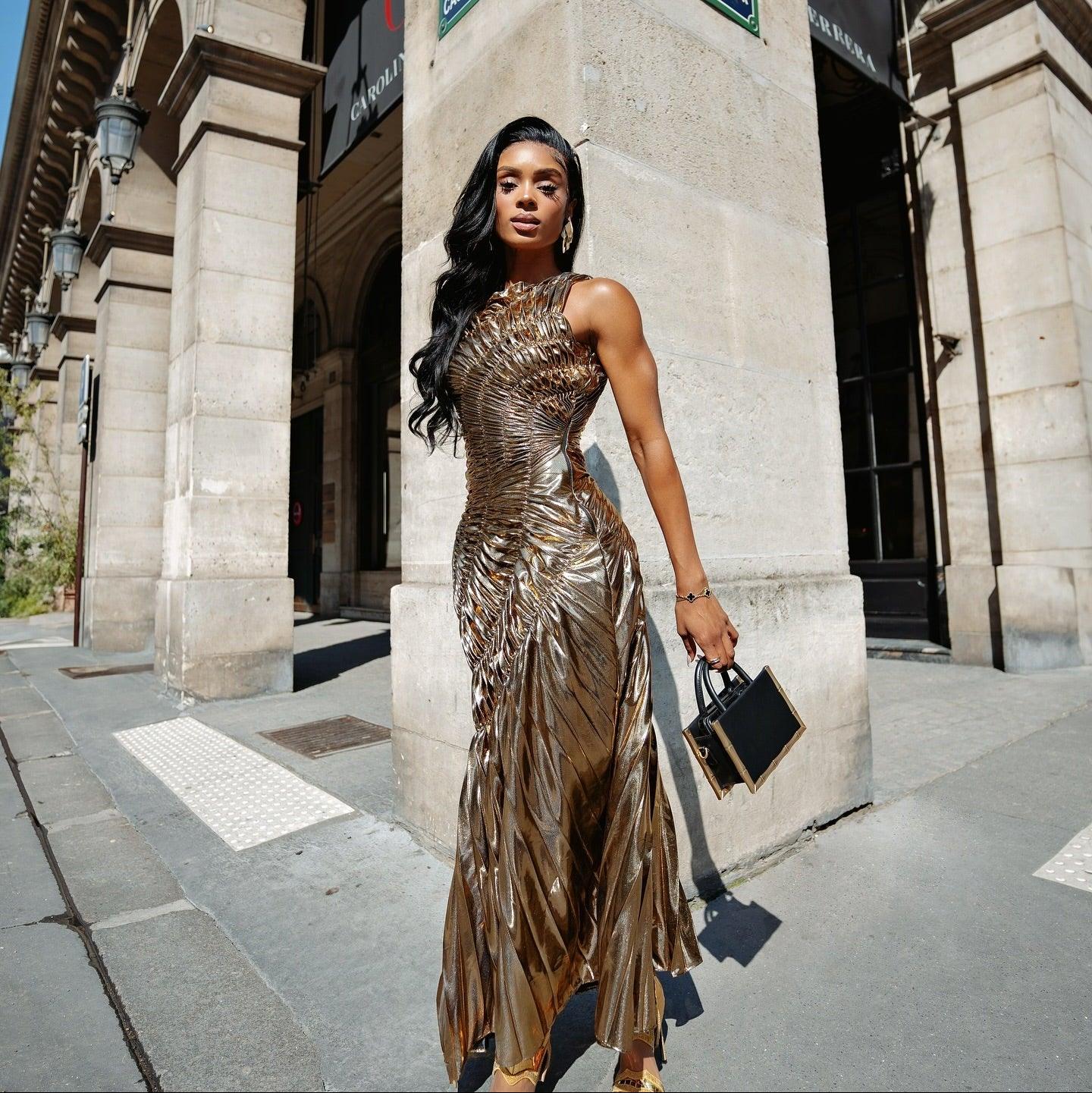 New Era Gold Metallic Pleated Maxi Dress