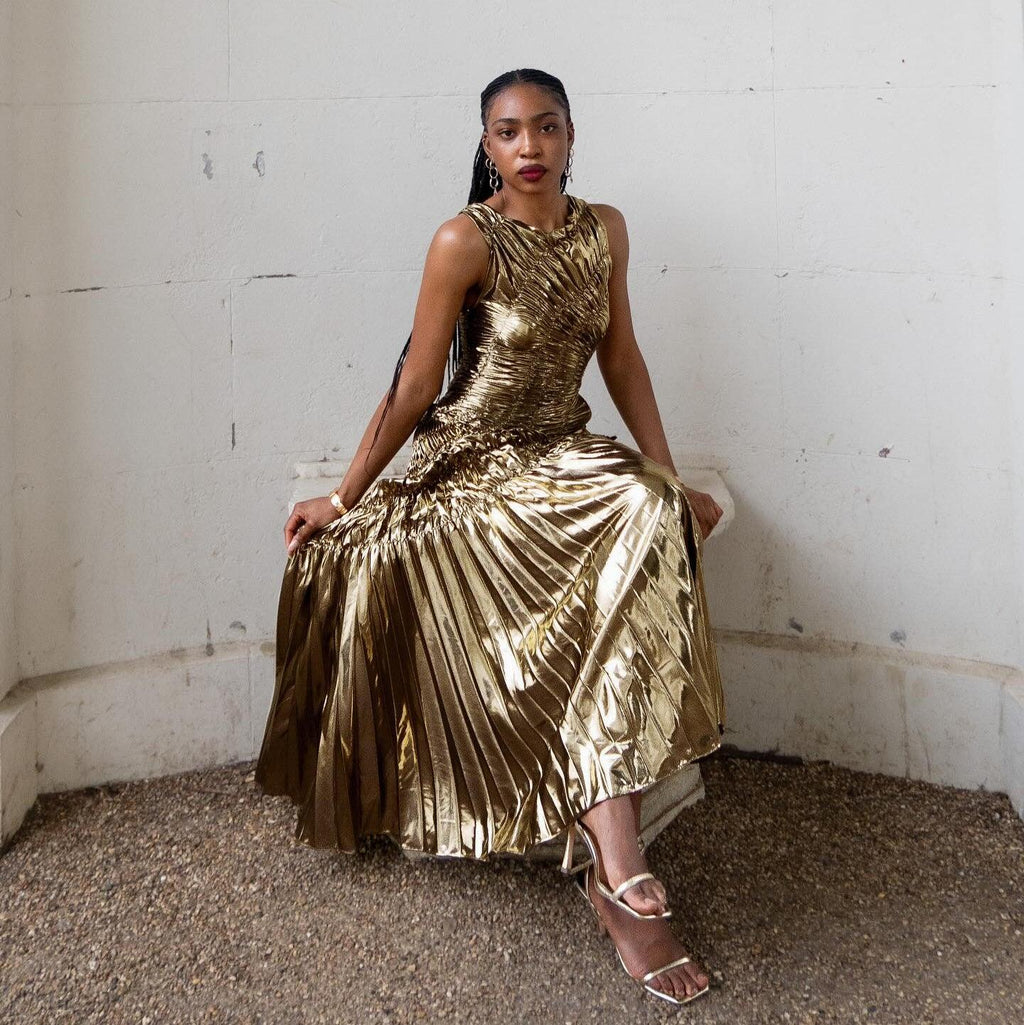 New Era Gold Metallic Pleated Maxi Dress