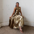 New Era Gold Metallic Pleated Maxi Dress