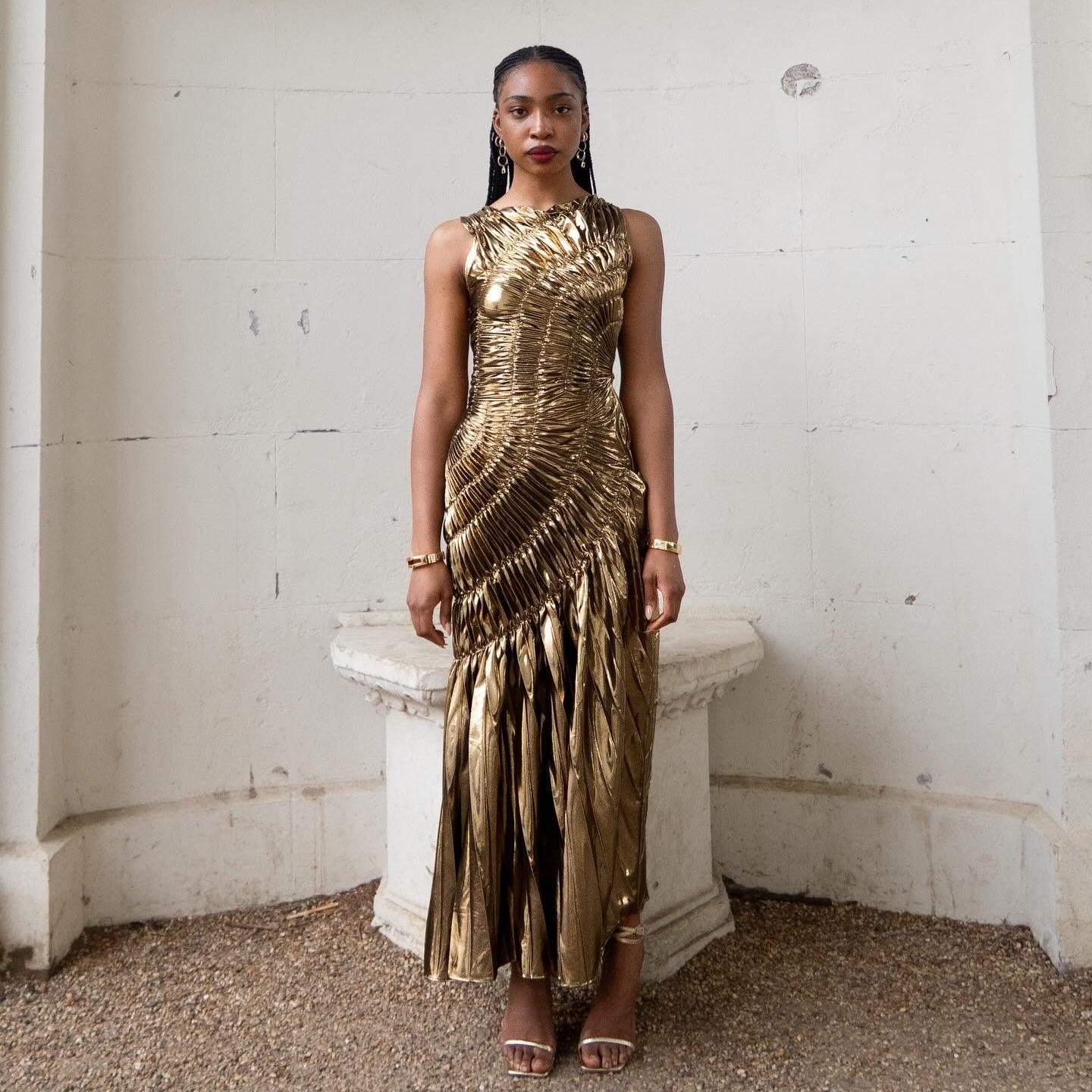 New Era Gold Metallic Pleated Maxi Dress