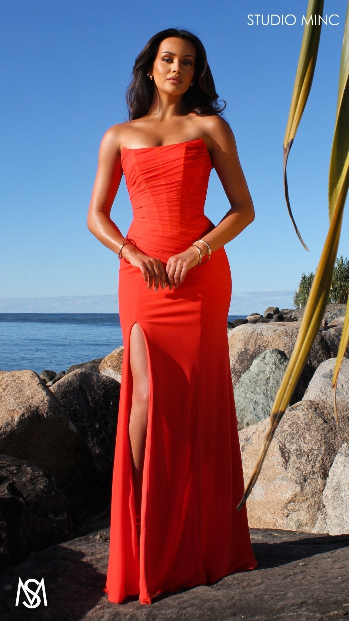 Amalfi - Orange Formal Dress, Strapless Corset Boning Fitted mermaid, Gathered net