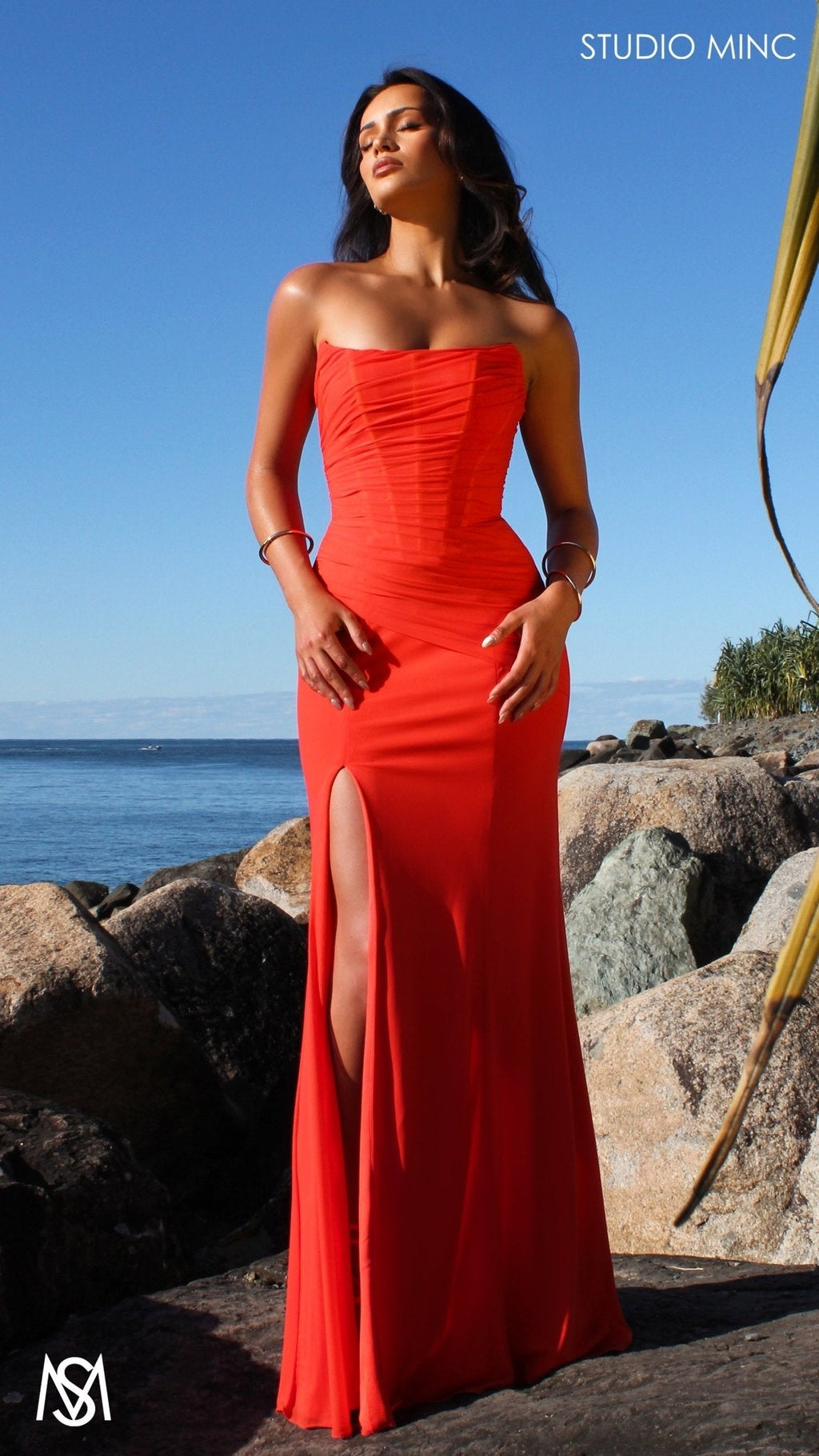Amalfi - Orange Formal Dress, Strapless Corset Boning Fitted mermaid, Gathered net