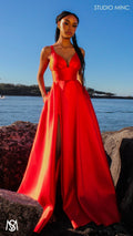 Riviera - Orange formal dress | V Plunge neckline, backless Satin Gown with Pockets and leg slit