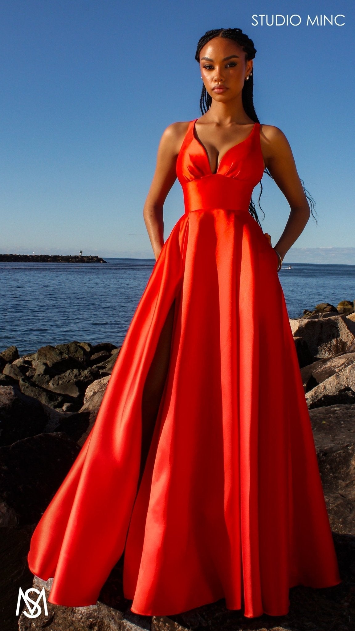 Riviera - Orange formal dress | V Plunge neckline, backless Satin Gown with Pockets and leg slit