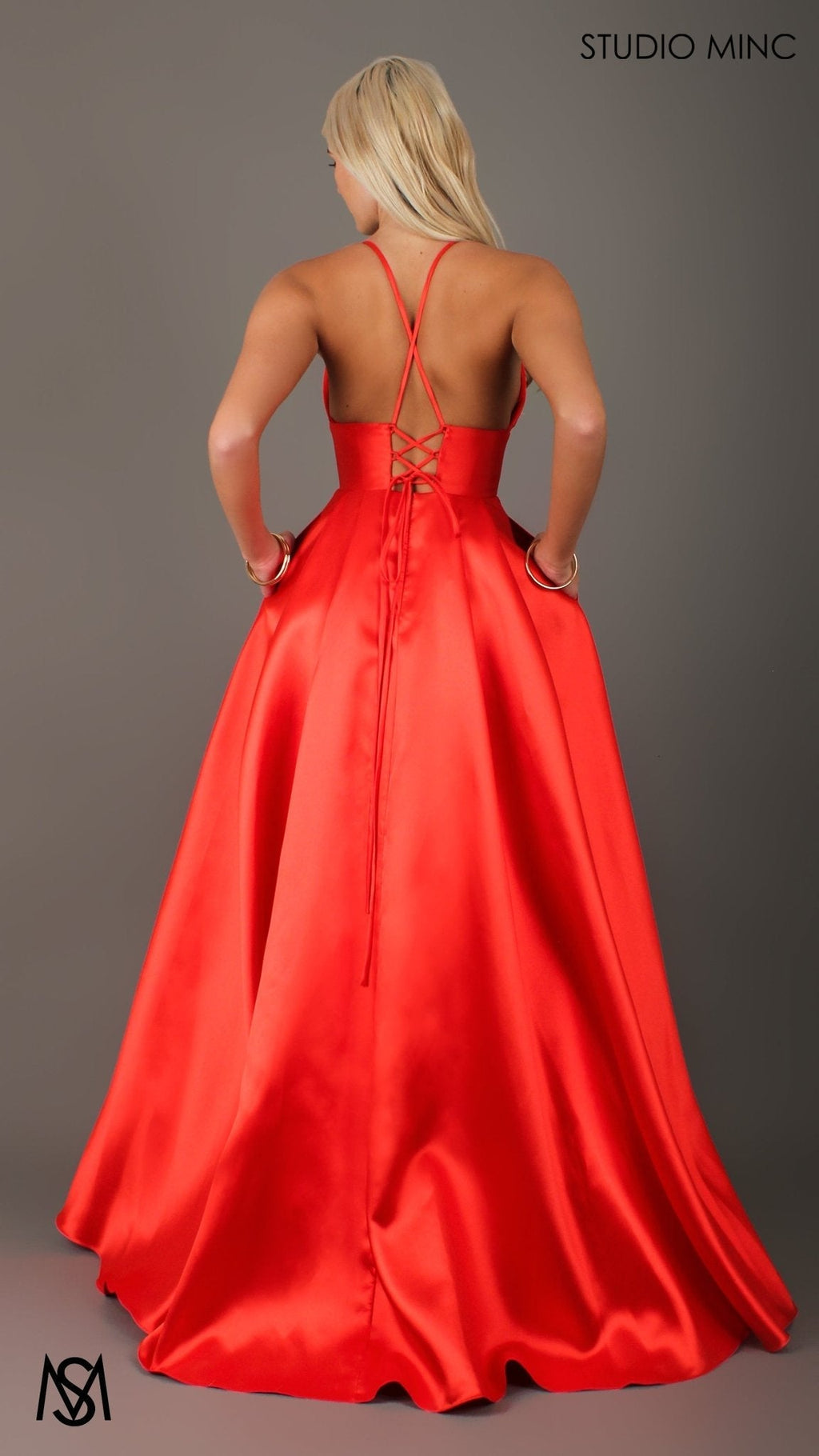 Riviera - Orange formal dress | V Plunge neckline, backless Satin Gown with Pockets and leg slit