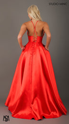 Riviera - Orange formal dress | V Plunge neckline, backless Satin Gown with Pockets and leg slit