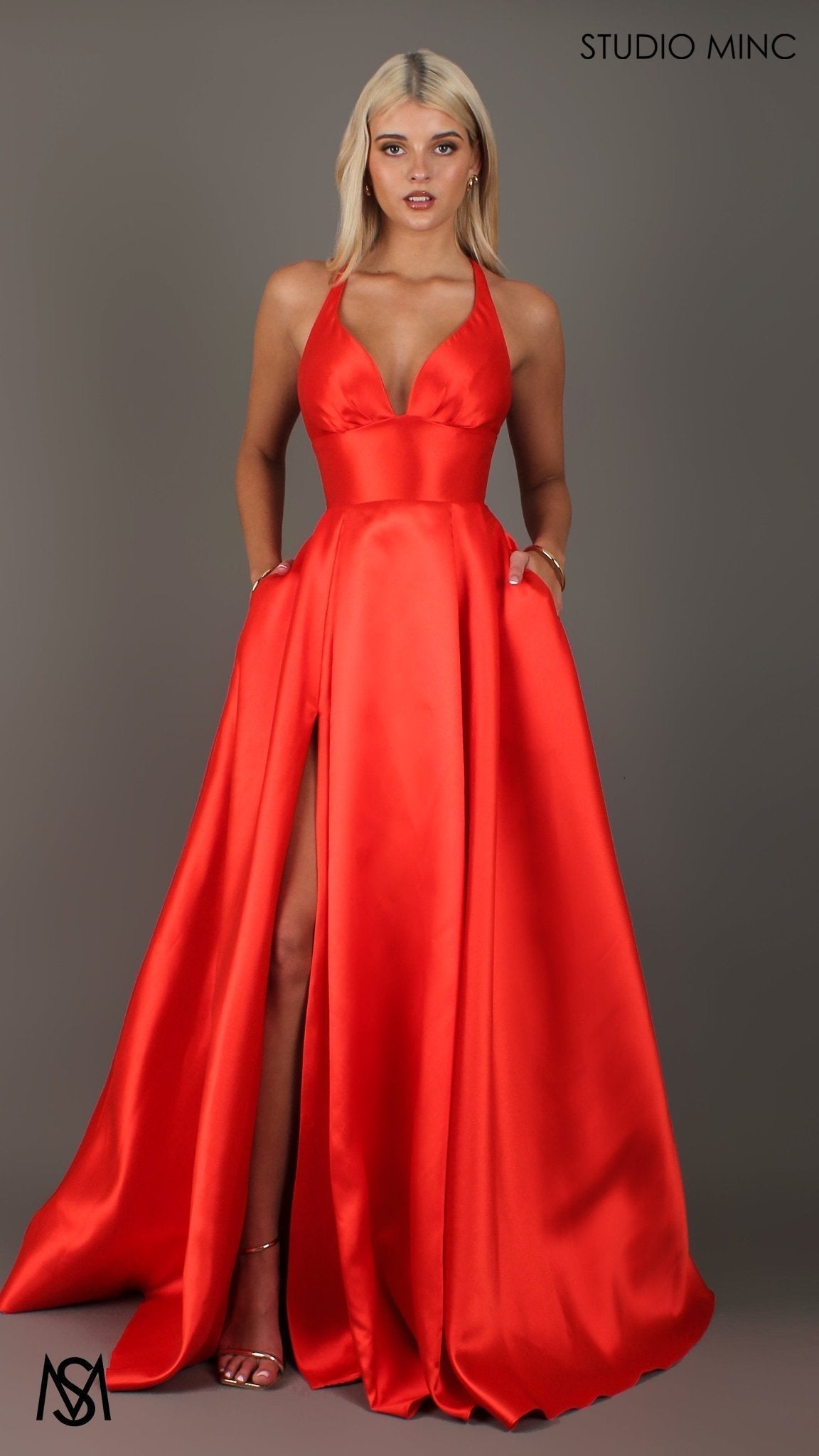 Riviera - Orange formal dress | V Plunge neckline, backless Satin Gown with Pockets and leg slit