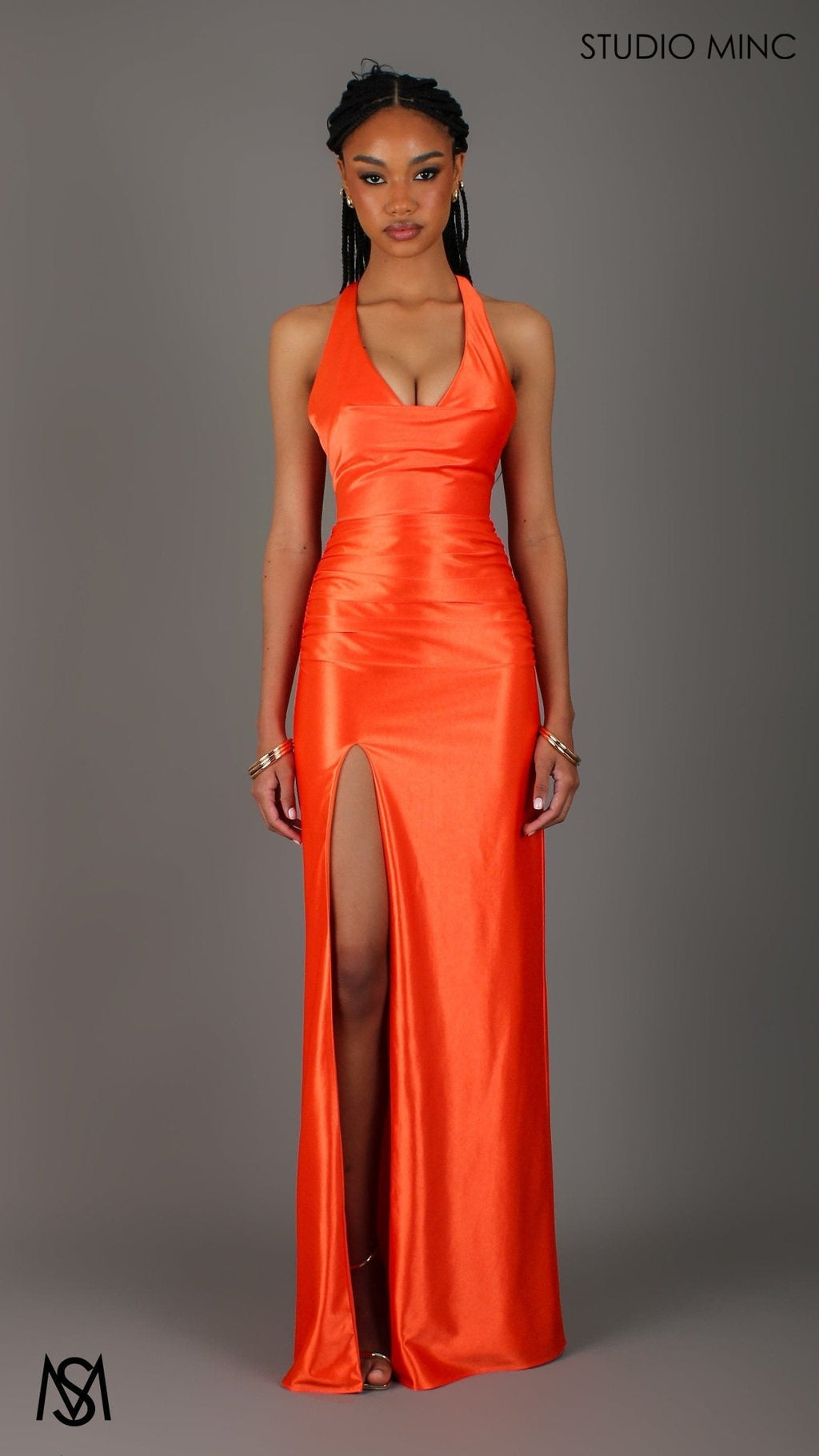 Sicily - Orange Formal Dress, Satin V Plunge neckline Cowl fitted backless leg slit