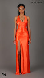 Sicily - Orange Formal Dress, Satin V Plunge neckline Cowl fitted backless leg slit