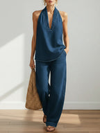Devon | Denim Halter Top Wide-Leg Pants Set