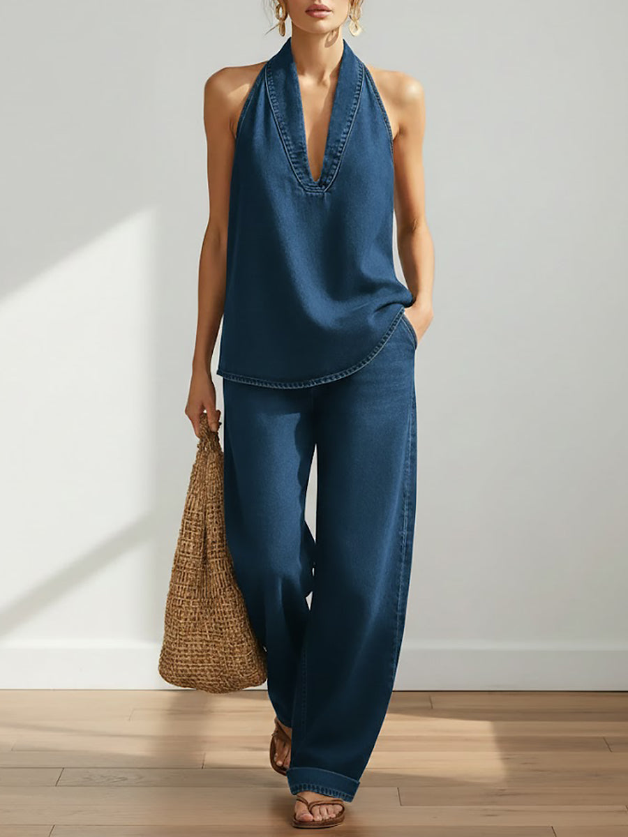 Devon | Denim Halter Top Wide-Leg Pants Set