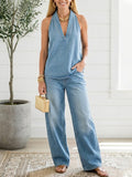 Devon | Denim Halter Top Wide-Leg Pants Set