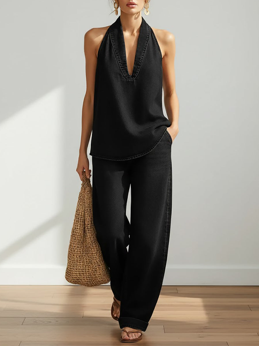Devon | Denim Halter Top Wide-Leg Pants Set