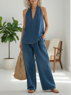Devon | Denim Halter Top Wide-Leg Pants Set