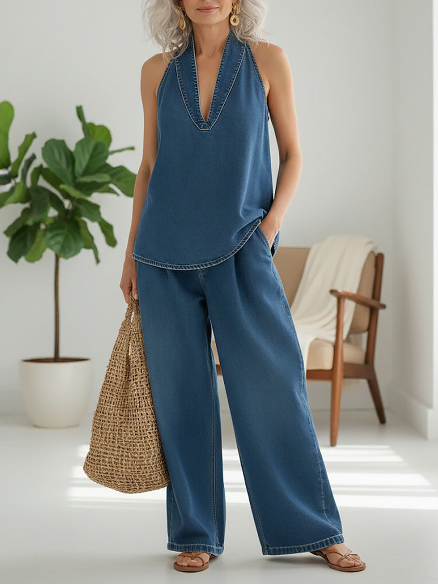 Devon | Denim Halter Top Wide-Leg Pants Set