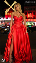 Palais - Red Formal Dress, drop waist gown hand beaded, basque waist corset