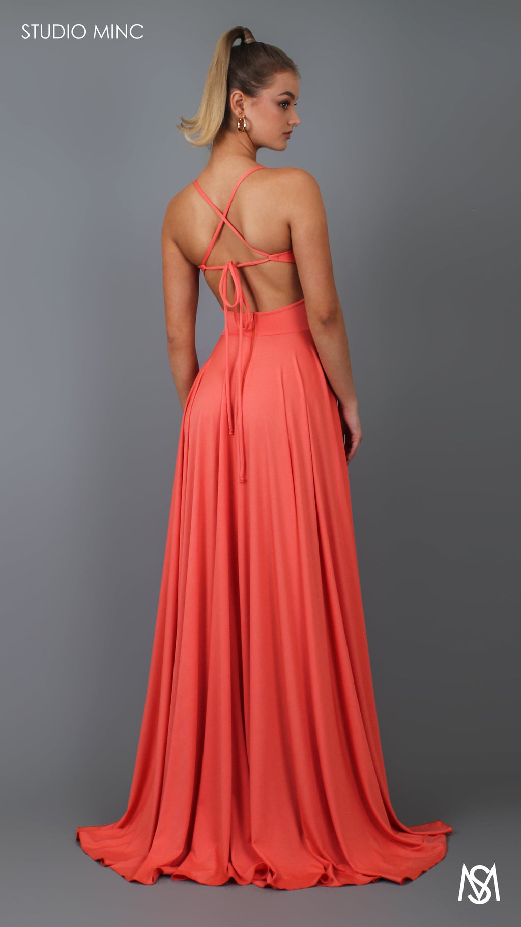 COSMO - Peach Formal Dress with Leg Split & Cut Outs